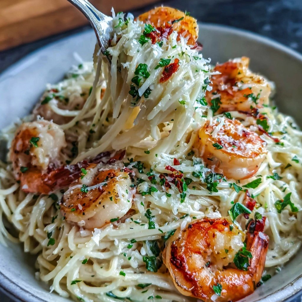 Angel Hair Pasta With Garlic Cream Shrimp