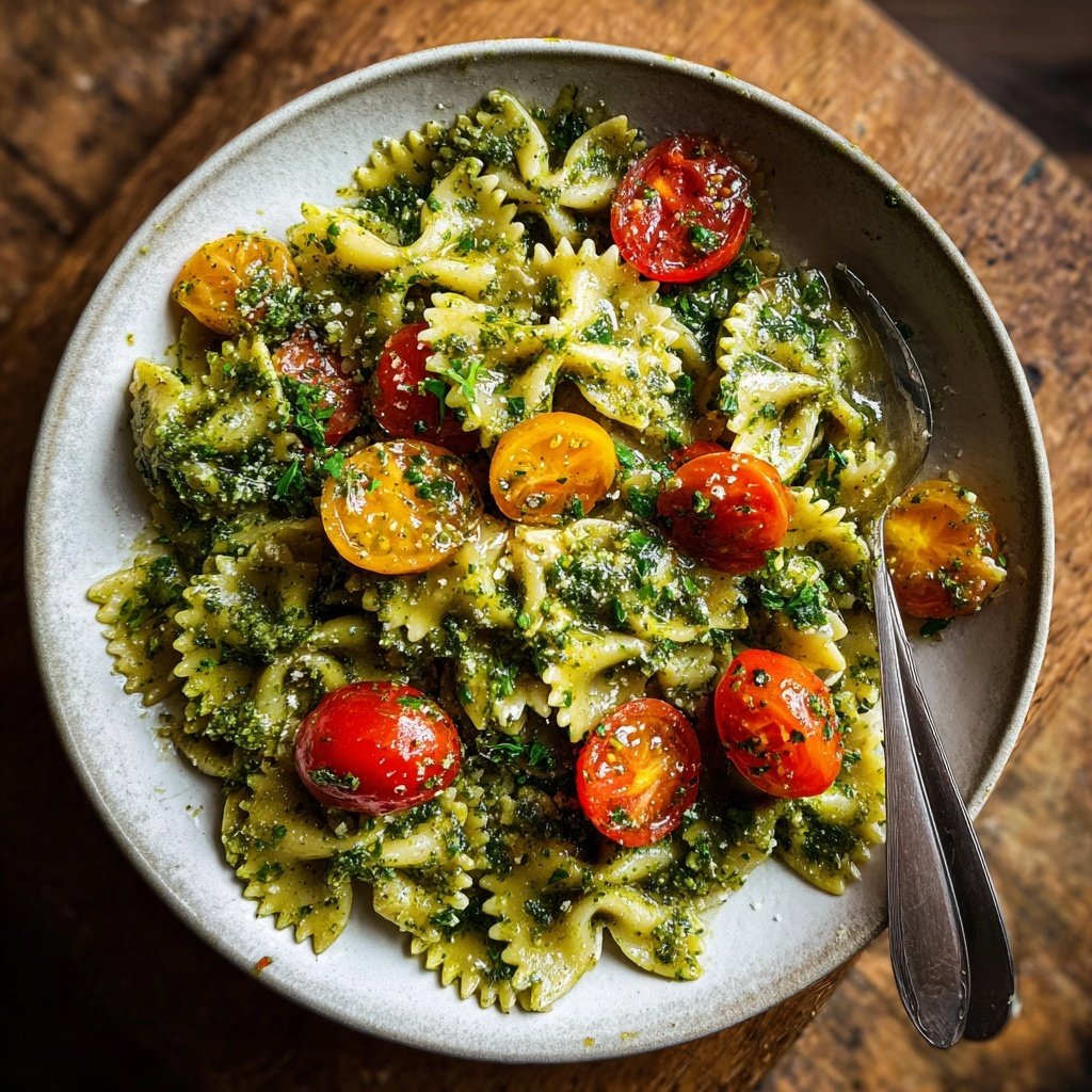 Bow Tie Pasta With Pesto And Cherry Tomatoes